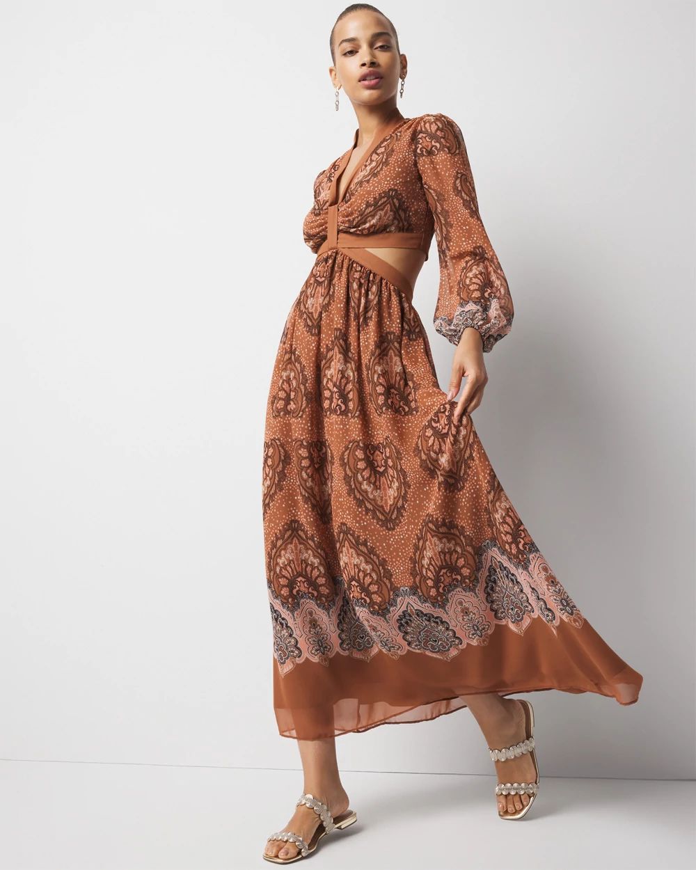 Long-Sleeve V-Neck Cutout Midi Dress | White House Black Market